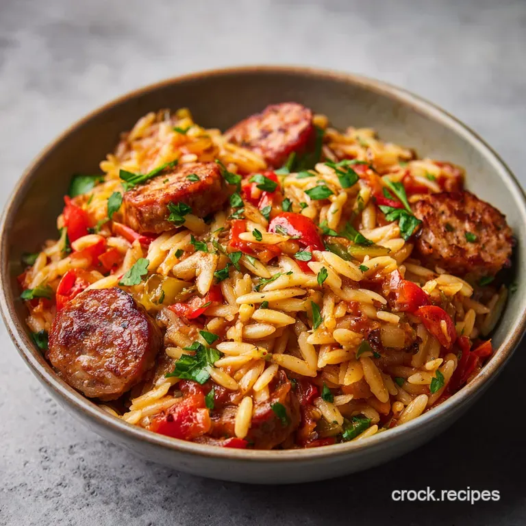 Elegant plate of orzo with crumbled Italian sausage; steam rises, highlighting the herbs and rich, savory sauce on glossy ...