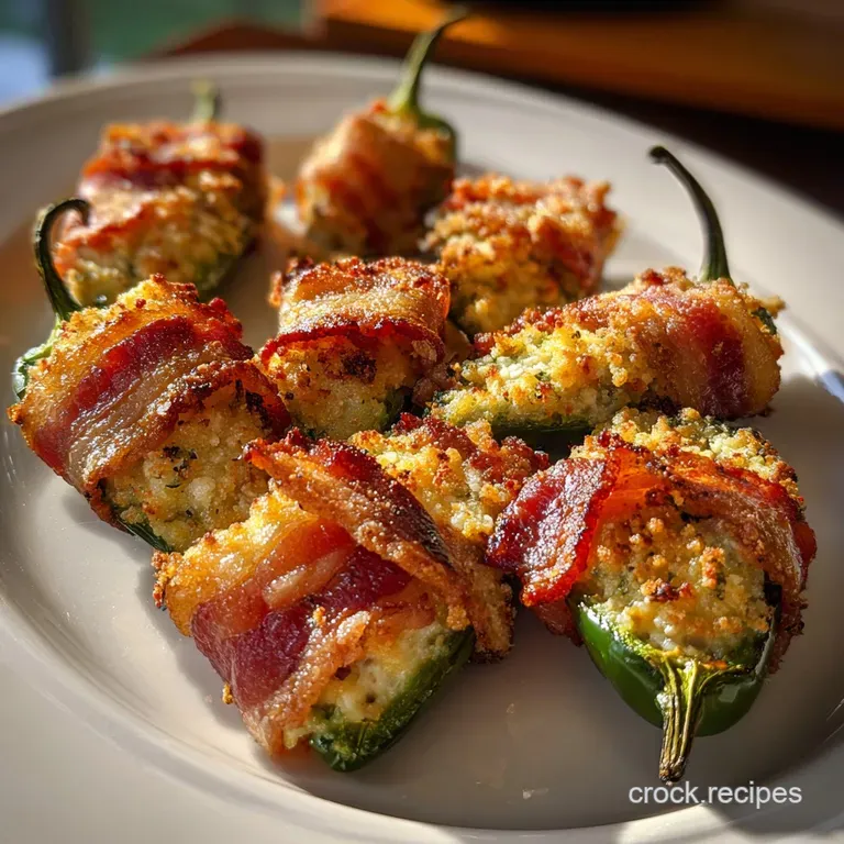 Three crispy jalapeno poppers plated with a creamy dipping sauce. Notice the golden-brown breading and vibrant green peppers.