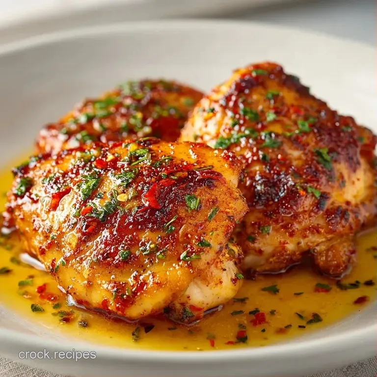 Two bronzed chicken thighs resting on a bed of buttery mashed potatoes, garnished with a sprig of fresh green parsley.
