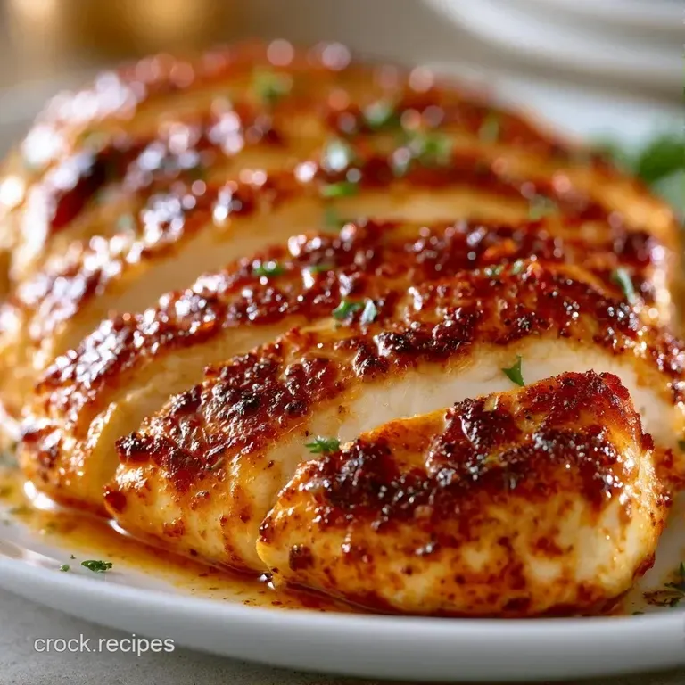 Sliced succulent chicken breasts on a white platter, drizzled with savory glaze and paired with steamed asparagus.