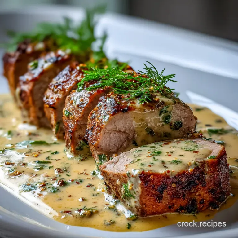 Slices of tender pork with Dijon crust, fanned atop creamy mashed potatoes and vibrant green asparagus spears. Delicious a...