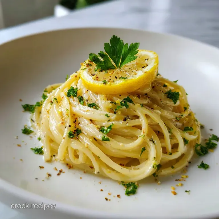 Elegant twirls of golden linguine coated in a bright lemon butter sauce, garnished with fresh parsley on a white plate.