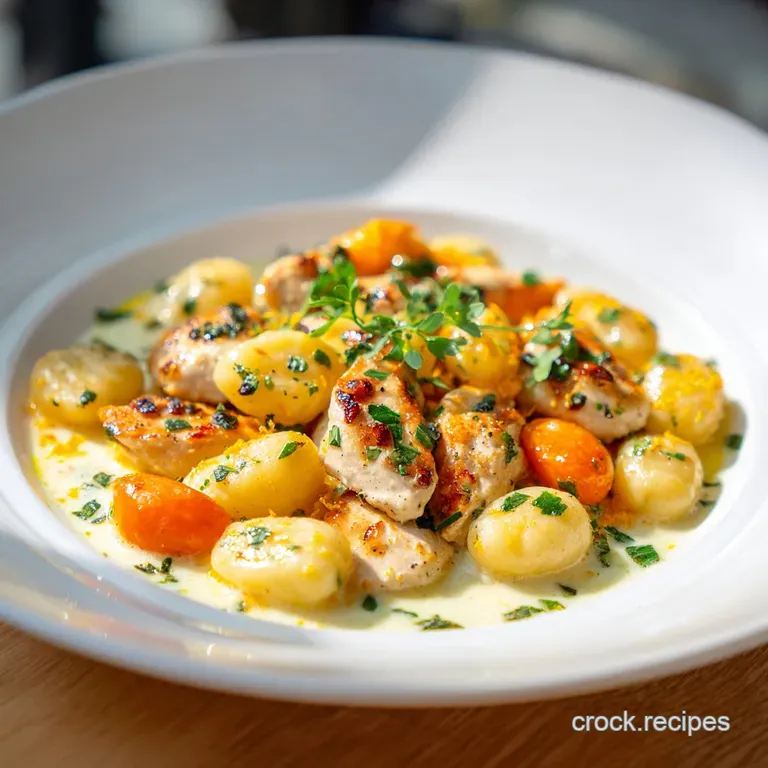 Lemon chicken gnocchi plated with a swirl of creamy sauce. Fresh parsley sprig garnish. Chicken looks tender and juicy.