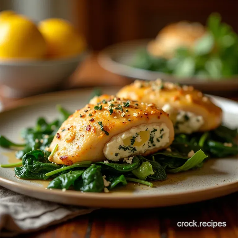 Sunkissed Lemon Feta Stuffed Chicken Breasts with Wilted Spinach presentation