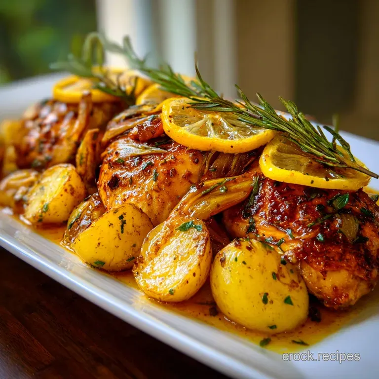 Lemon-garlic chicken, glistening with herbs, served on white plates with vibrant green asparagus spears and lemon wedges.