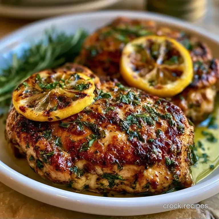 Sliced golden poultry breast resting on a bed of steamed asparagus with a drizzle of glossy lemon-butter sauce.