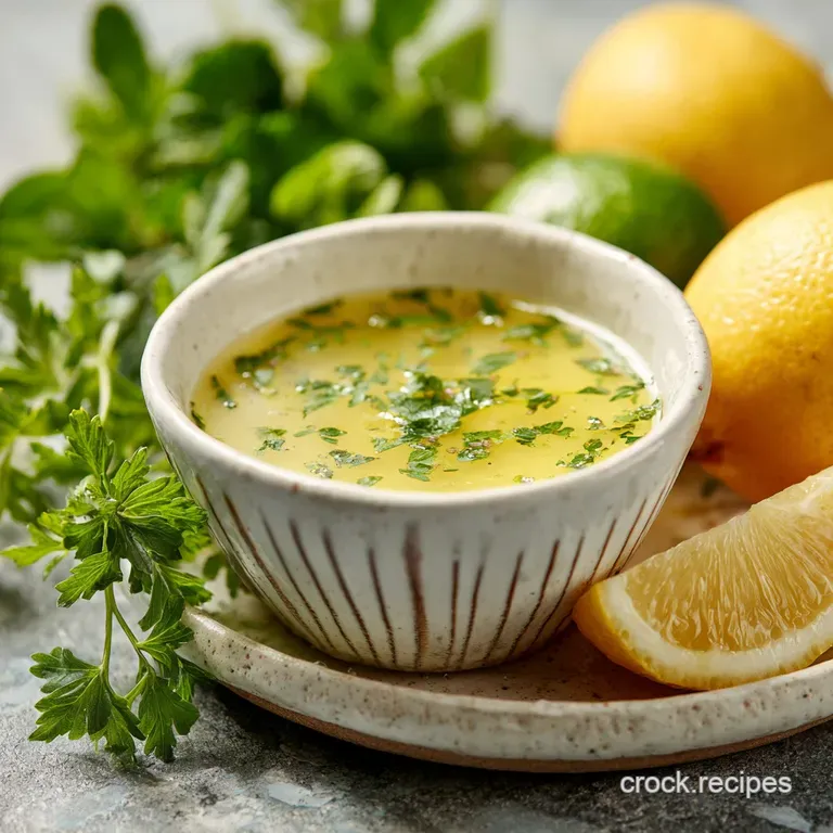 Drizzled creamy, pale yellow dressing glistening on a vibrant green salad, herbs speckled throughout. Rustic wooden bowl a...