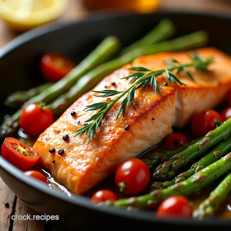 Onepan Lemonherb Salmon with Roasted Asparagus and Cherry Tomatoes presentation