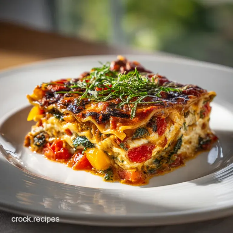 A generous slice of bubbling vegan lasagna on a rustic plate, garnished with vibrant green herbs and a drizzle of sauce.
