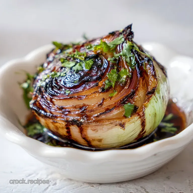 Elegant plate with a roasted lotus onion, glistening balsamic, and a sprinkle of herbs against a dark, textured backdrop.