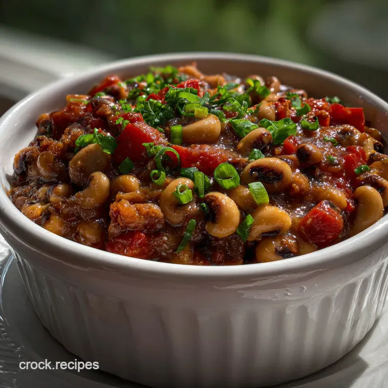 Elegant white plate showcasing a portion of tender black-eyed peas, garnished with fresh herbs, a drizzle of oil, and crus...