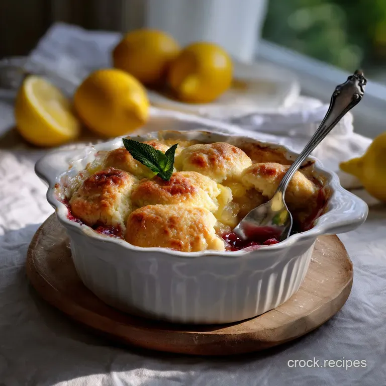 Golden, bubbly lemon cobbler with a crisp, buttery crust, dusted with powdered sugar, served on a white plate.