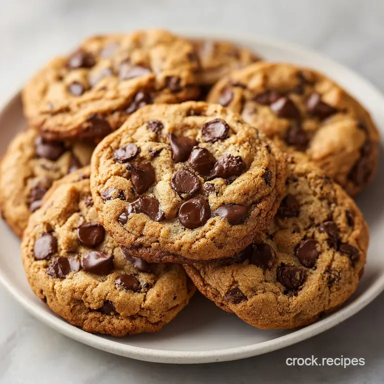 Elegant stack of chocolate chip cookies on a white plate, drizzled with melted chocolate; powdered sugar dusting. Soft, wa...