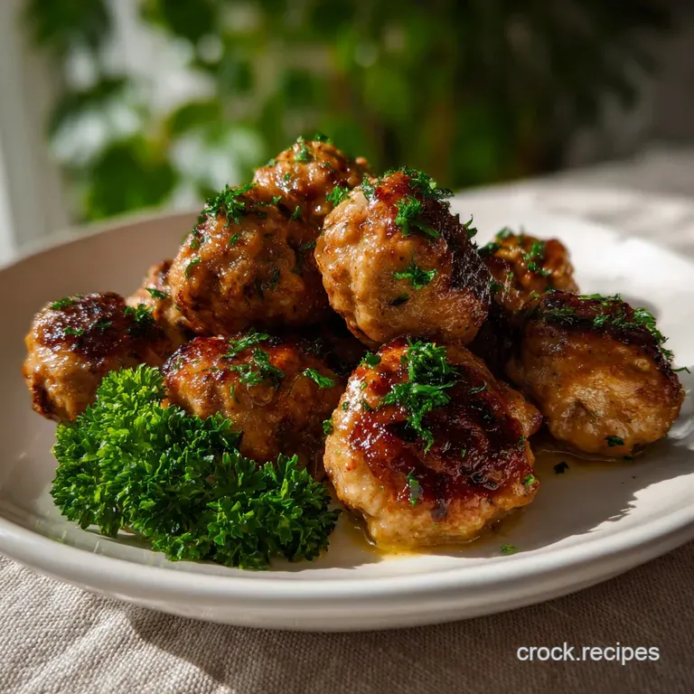 A single, juicy meatball coated in glossy, blush-pink sauce, elegantly plated and garnished with fresh basil on a white pl...