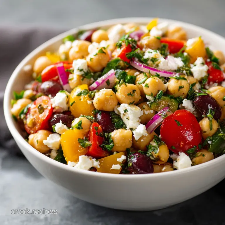 A bright & fresh Mediterranean chickpea salad plated beautifully, bursting with color and texture. A healthy and delicious...