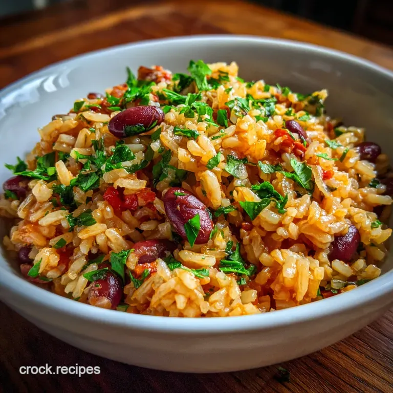 Plated rice and beans, drizzled with oil and topped with fresh parsley. A bright, colorful, and satisfying Mediterranean d...