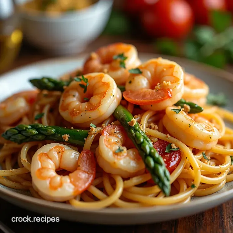 Mediterranean Shrimp Asparagus Pasta with Sundried Tomato Pesto presentation