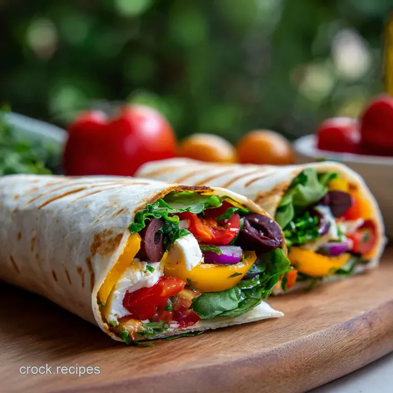 Two neatly plated Mediterranean wraps showcasing crisp lettuce, juicy tomatoes, and a creamy, tangy sauce on a white plate.