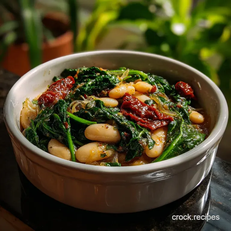 Elegant bowl filled with tender greens and plump white beans, glistening with olive oil and garnished with a lemon wedge.