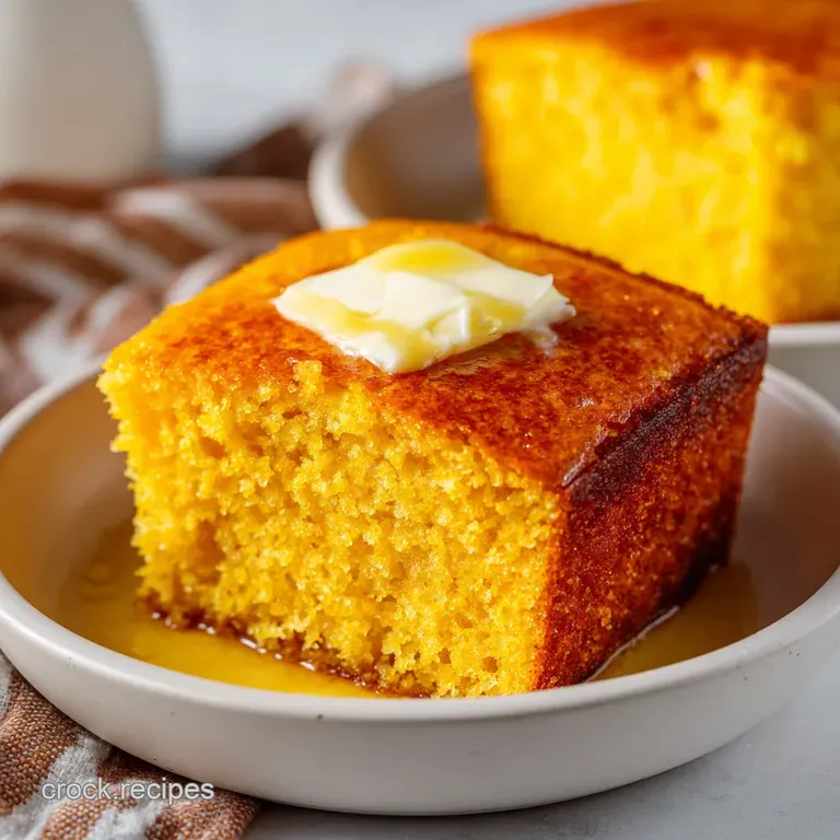 A thick square of yellow cornbread on a white plate, topped with fresh cilantro and a dollop of sour cream.