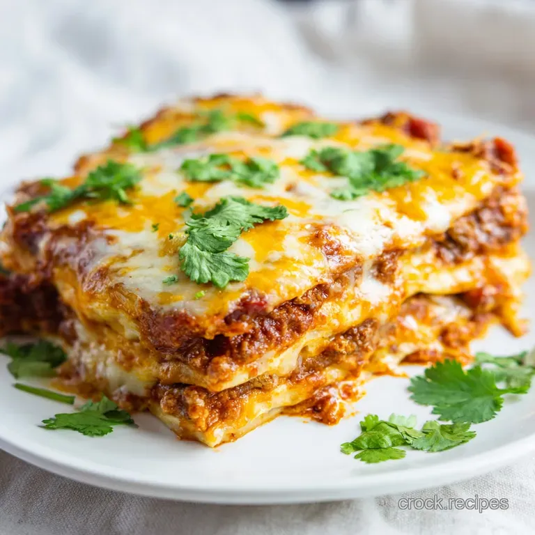 A square slice of layered corn tortilla casserole topped with cool sour cream and bright red diced tomatoes.