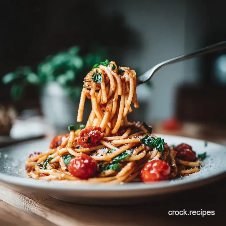 Portion of saucy spaghetti, plated elegantly. Melted cheese pulls as it's lifted, hinting at rich tomato flavor.
