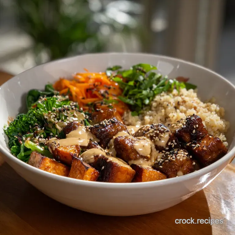 Miso glazed sweet potato bowl. A bright, artful arrangement of roasted sweet potato, colorful greens, and toasted sesame s...