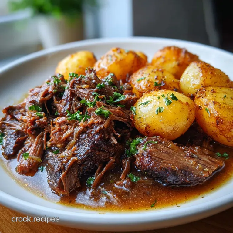A generous serving of savory shredded beef glistening with delicious brown gravy, artfully piled on a white plate with spr...