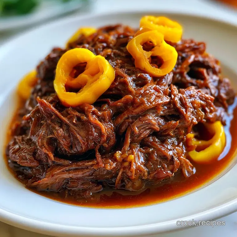 Shredded, juicy beef smothered in savory gravy, served beside creamy mashed potatoes and garnished with pepperoncini.