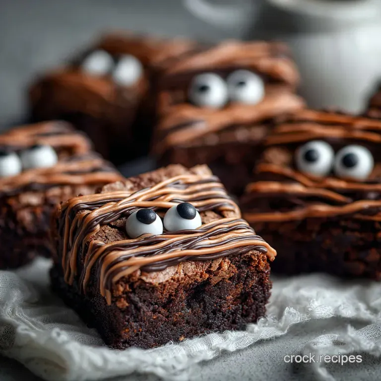 A festive Halloween brownie mummy on a plate, drizzled with rich dark chocolate and adorned with playful candy eyes.