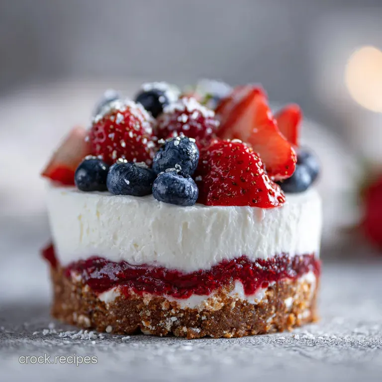 A swirled mound of whipped cream crowned with glistening fresh berries and a sprinkle of powdered sugar.