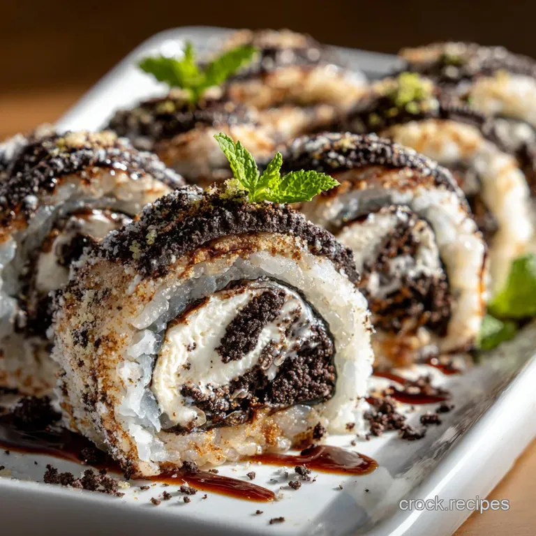 Neatly sliced Oreo rolls on a modern white plate; a chocolate drizzle and powdered sugar add subtle sweetness and visual a...