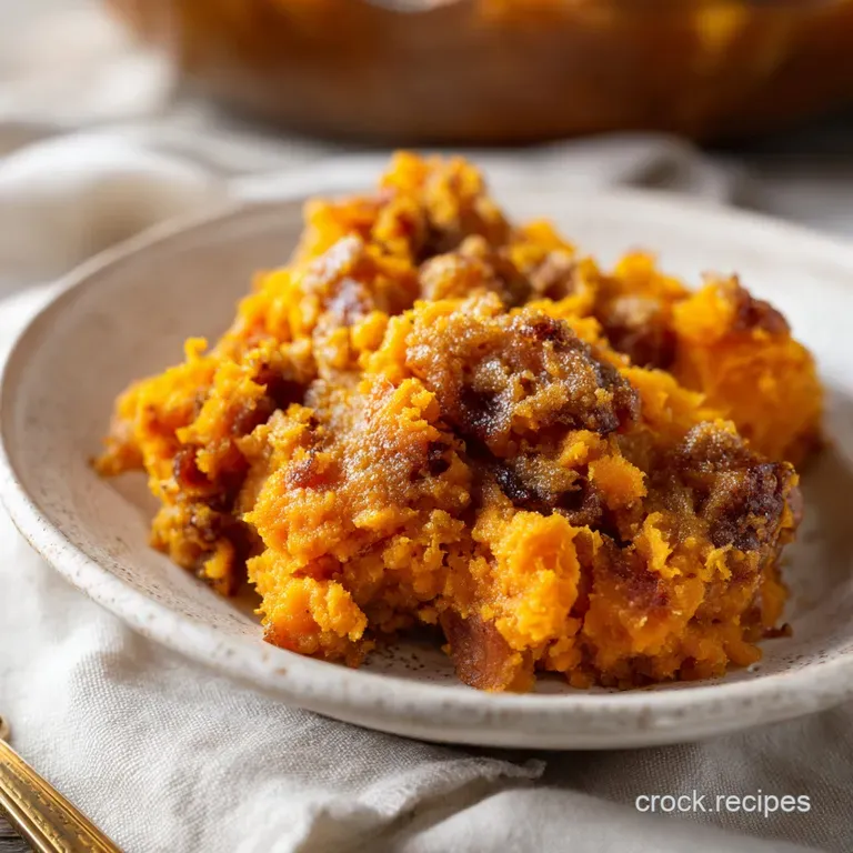 A generous scoop of smooth, vibrant orange sweet potato casserole served in a ceramic ramekin.