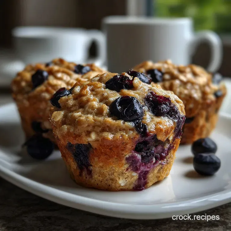 Warm oatmeal muffin artfully arranged on a white plate, scattered blueberries and a dusting of powdered sugar.