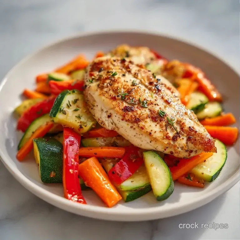 Sliced roasted chicken breast with glistening skin and colorful root vegetables on a minimalist white plate.