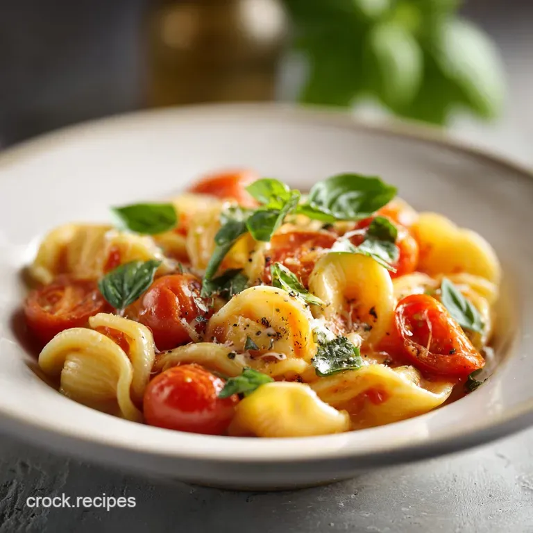 A twirled nest of pasta on a white plate, brightened with fresh basil leaves and juicy, halved cherry tomatoes. Simplicity.