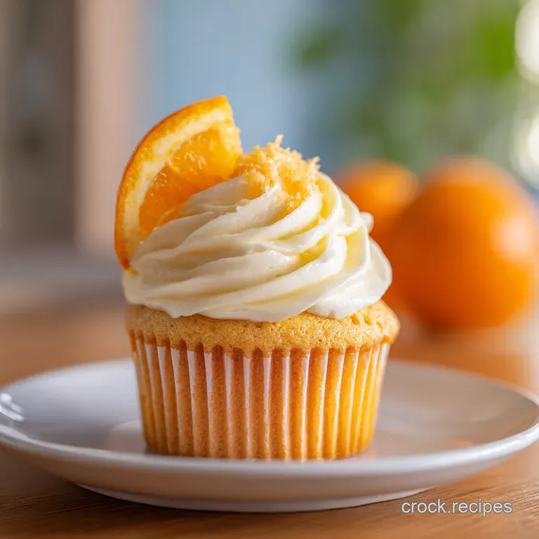 A single, vibrant orange cupcake with smooth, luscious frosting, artfully placed on a white dessert plate.