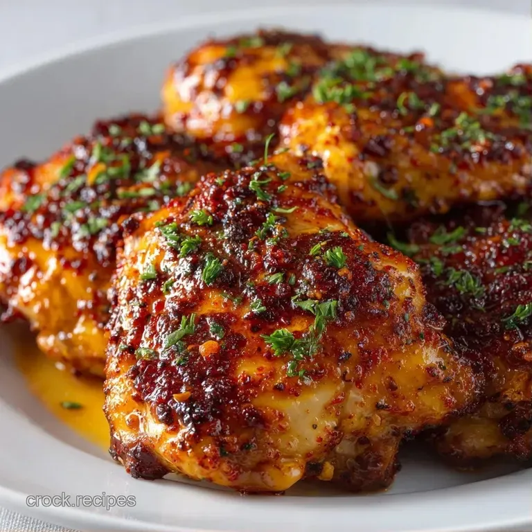 Sliced juicy chicken thighs on a white porcelain plate, garnished with fresh parsley and a drizzle of savory sauce.