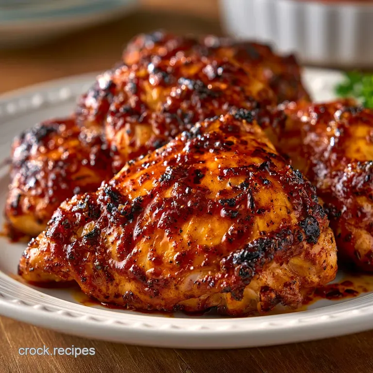 Glistening chicken thighs served on a white plate with bright green asparagus and a drizzle of savory pan sauce.