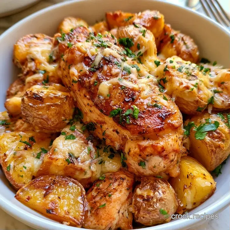 Searing golden chicken and tender potatoes arranged on a white ceramic plate with a sprinkle of fresh herbs.