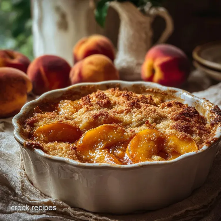 Warm peach cobbler served in a rustic bowl, steam rising gently. Sugared crust glistens invitingly on a wooden surface.