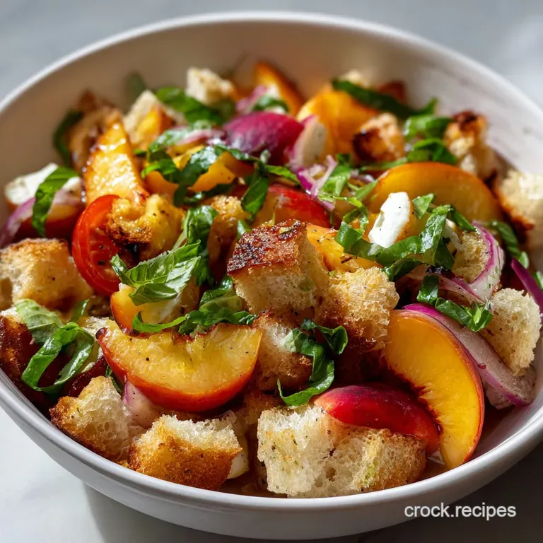 Elegant plate with grilled peach panzanella salad. Charred peaches contrast with the vibrant greens and rustic croutons.