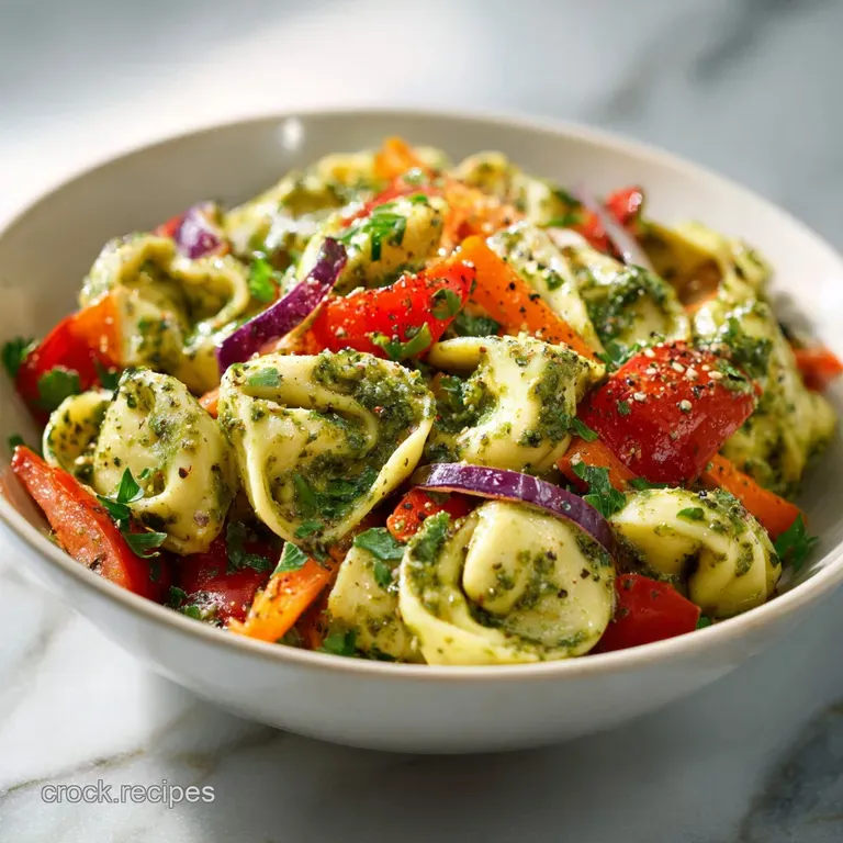 A swirl of pesto-coated tortellini pasta salad, artfully plated and sprinkled with toasted pine nuts and shredded Parmesan...