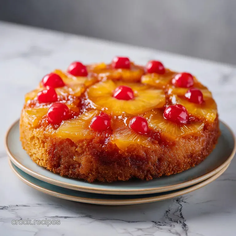 A glistening slice of pineapple upside-down cake, with a fork revealing tender sponge and syrupy fruit.