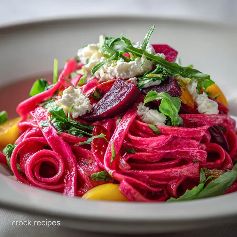 Elegant plate featuring a twirled nest of rosy beet pasta, drizzled with cream sauce, topped with edible flowers and micro...