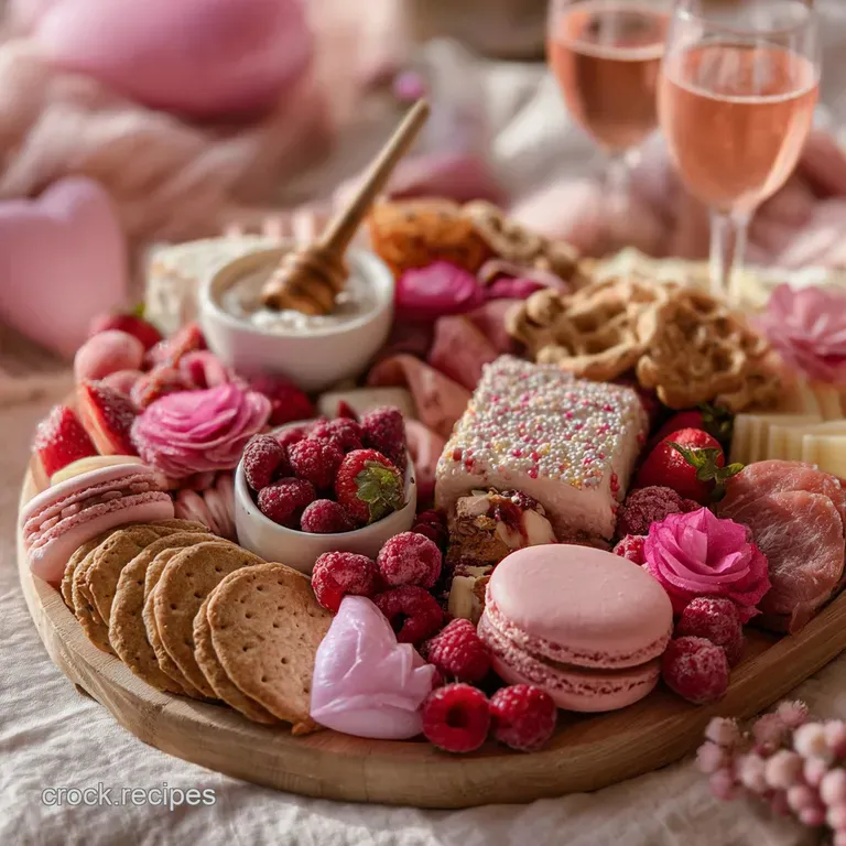 Overhead shot of a pink charcuterie board overflowing with vibrant berries, cheeses, and cured meats on a marble surface.