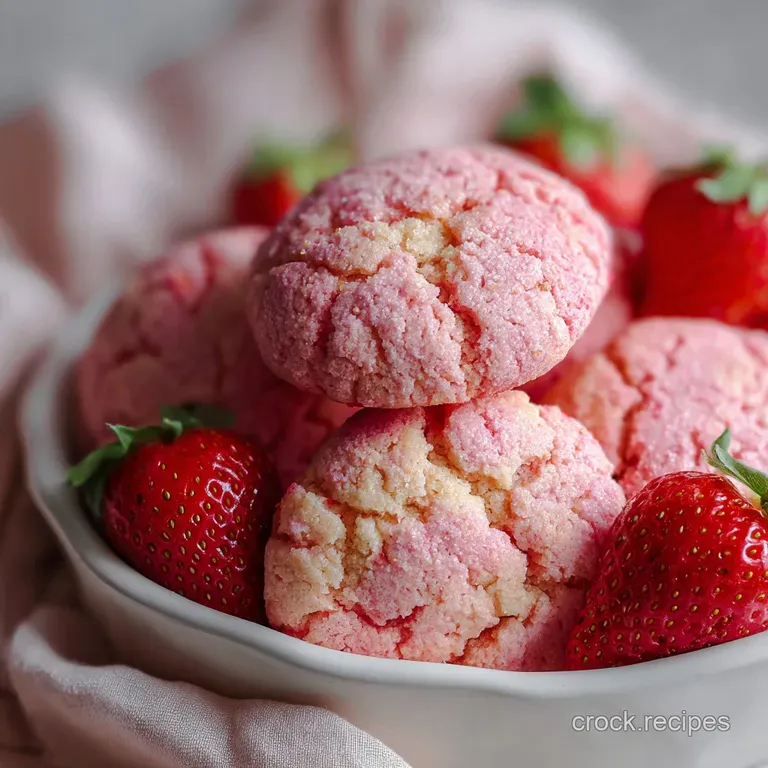 Two delicate pink cookies stacked on a white plate, powdered sugar dusting highlighting the creamy filling and soft texture.