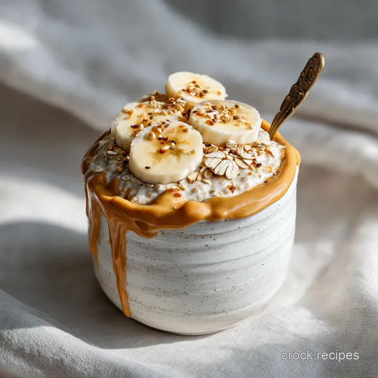 Overhead shot of creamy oats swirled with peanut butter, topped with sliced banana and a sprinkle of chia seeds in a glass...