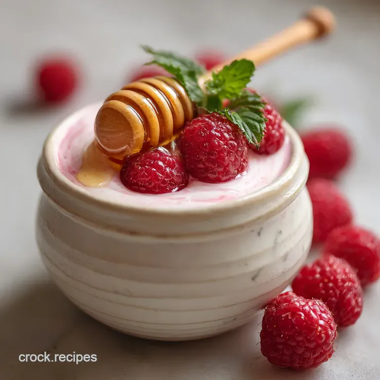 A creamy pink smoothie artfully arranged in a glass, garnished with juicy raspberries and a swirl of honey. A quick, healt...