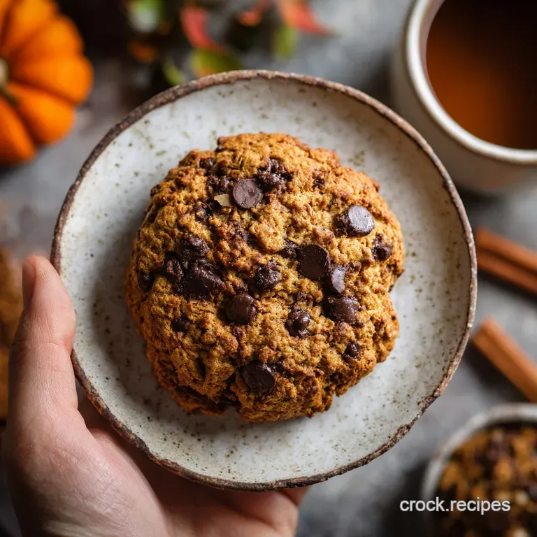 Stack of soft pumpkin chocolate chip cookies dusted with powdered sugar on a rustic wooden plate, invitingly arranged.